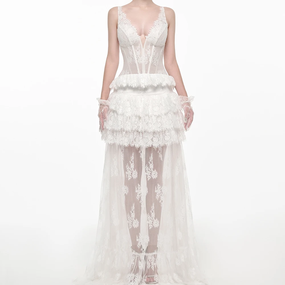 

Вечерние платья трапециевидной формы по индивидуальному заказу, длиной до пола, с v-образным вырезом, без рукавов, платье для выпускного вечера, простое модное кружевное драпированное вечернее платье с открытой спиной