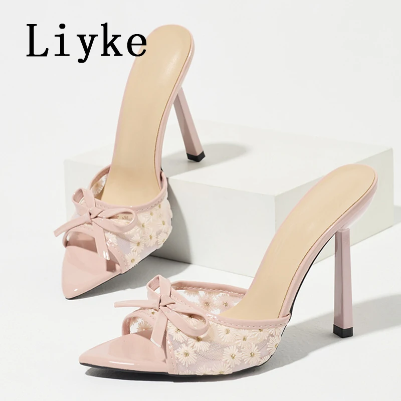 

Liyke Sexy Pink High Heels Summer Women Slippers Fashion Open Toe Dress Slides Shoe Elegant Butterfly-knot Stripper Party Sandal