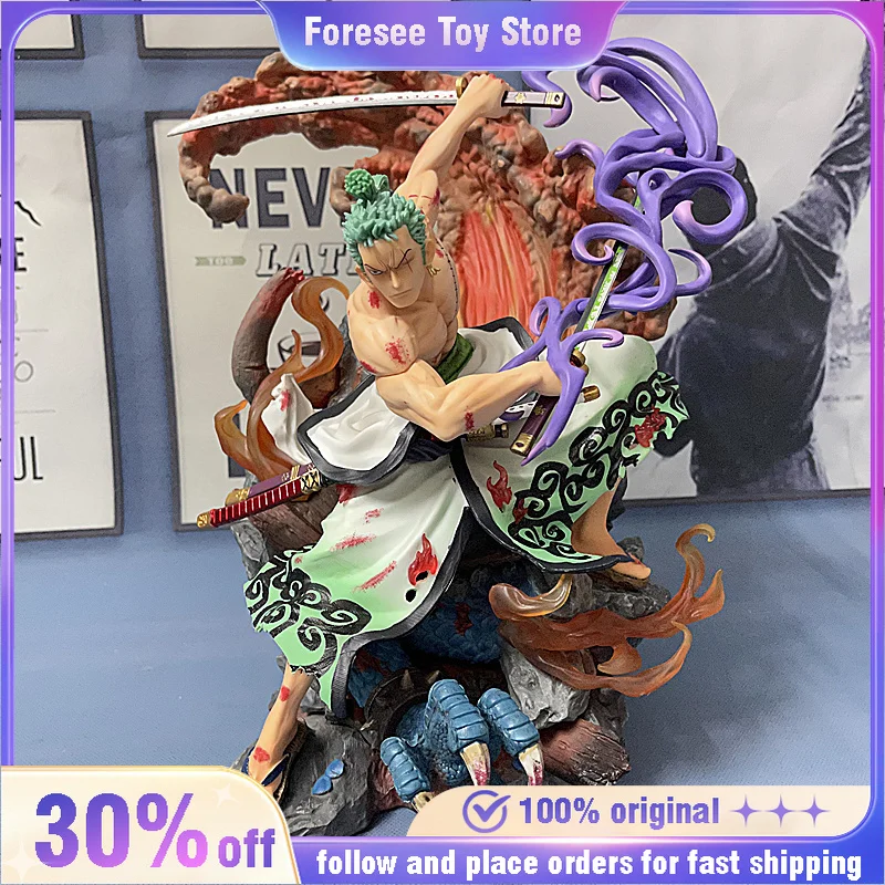 

40cm Roronoa Zoro Figure Wano Country Oni Island Ver. with Interchangeable Heads & LED Light Anime GK Statue Premium Collectible