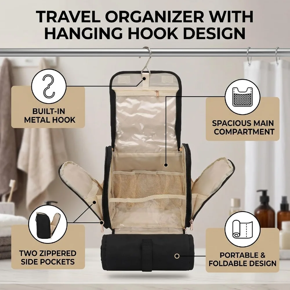1pcs Large Capacity Hanging Makeup Bag With Hook 3 Compartments Travel Toiletry Bag Cosmetic Organizer Case Travel Essentials