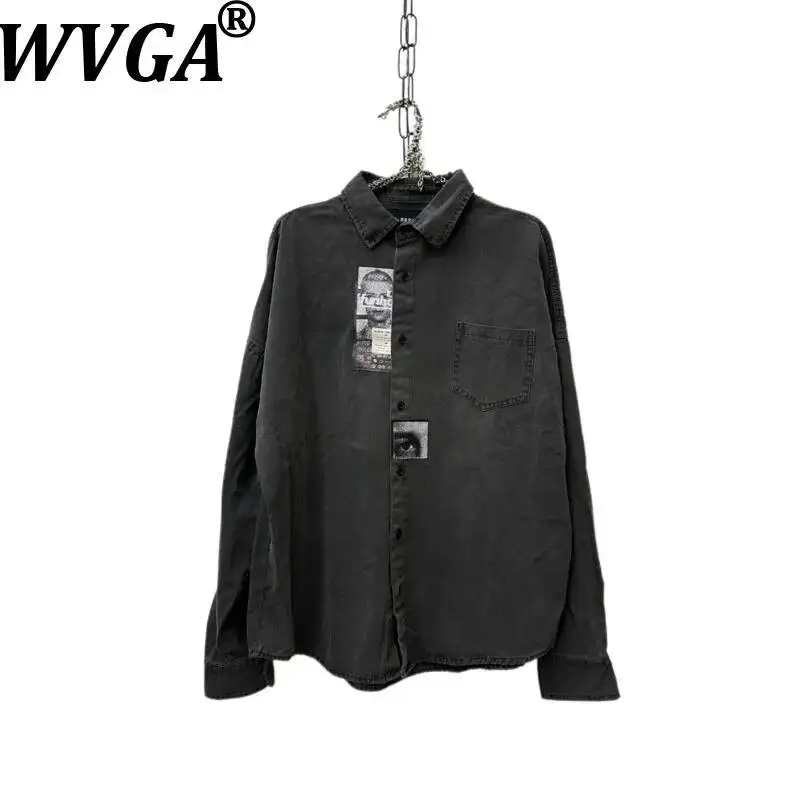 WVGA Spring Autumn New Men's Washed Heavy Denim Trendy Long Sleeved Shirts Niche Patch Design Distressed Vintage Tops Ins W26174
