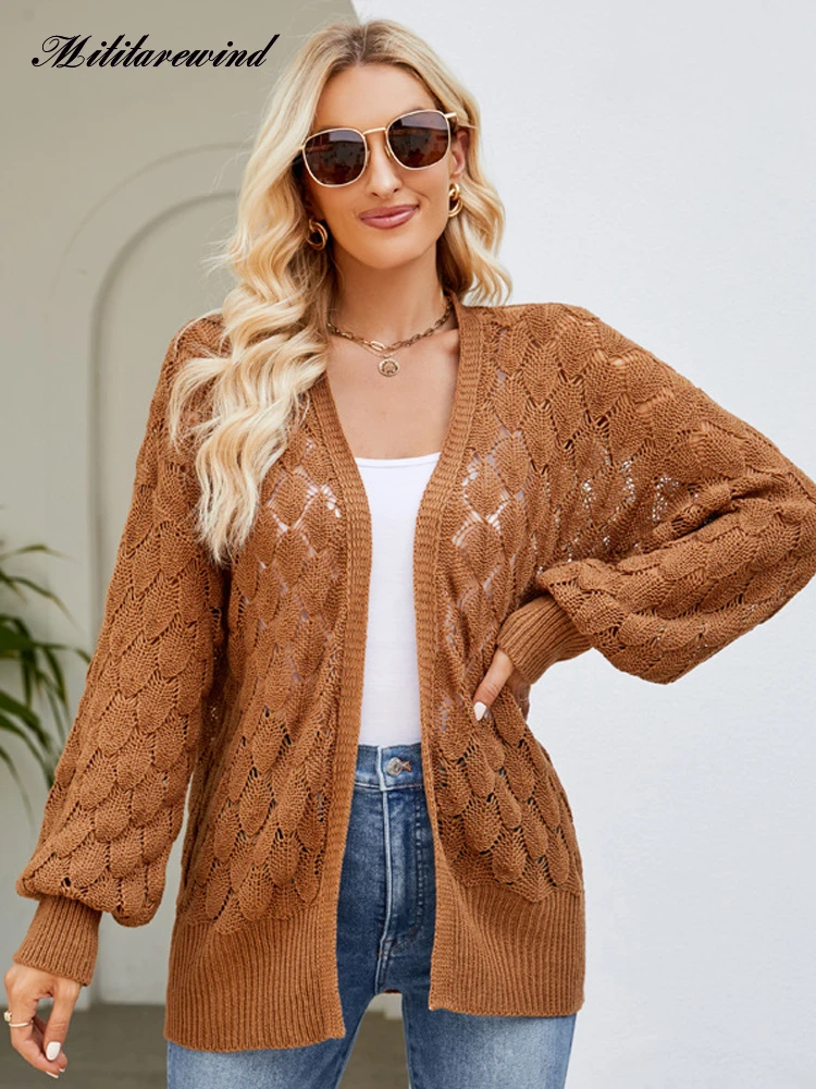 

Hollow Out Knitted Cardigan Women Spring Mid-length Full Sleeve Knitted Sweatercoat Women Lantern Sleeve Casual Loose Knitwears