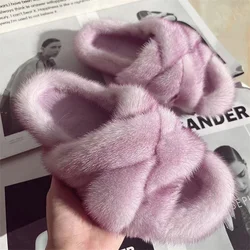 Thick Sole Flat Bottom Outdoors Home Slippers Fashion Soft Sole Real Mink Fur Women Sandals Summer Non Slip Herrinfbone Slippers