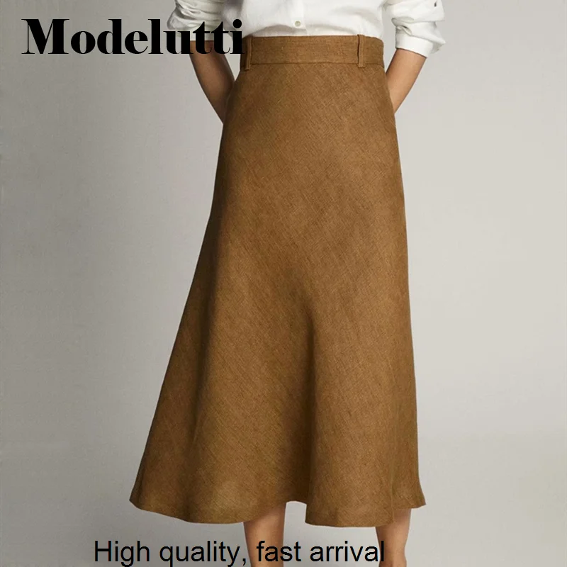 Spring 2023 New Summer Fashion High Waist Linen Midi Skirt Women Solid Color Simple All-match Casual Bottoms Female