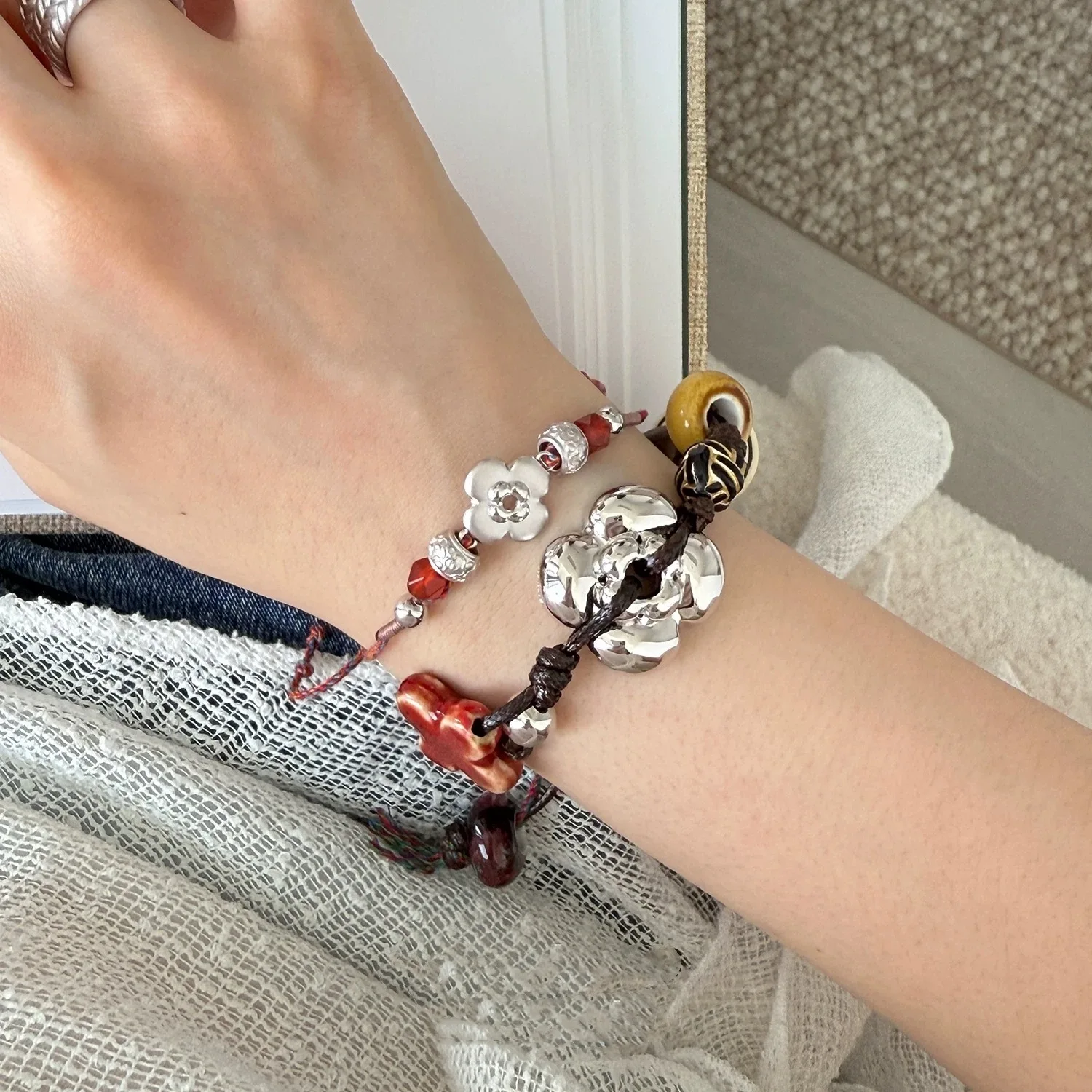 Bohemian Retro Ethnic Style Beaded Bracelet Handmade Colorful Ceramic Wooden Bead Braided Bracelet