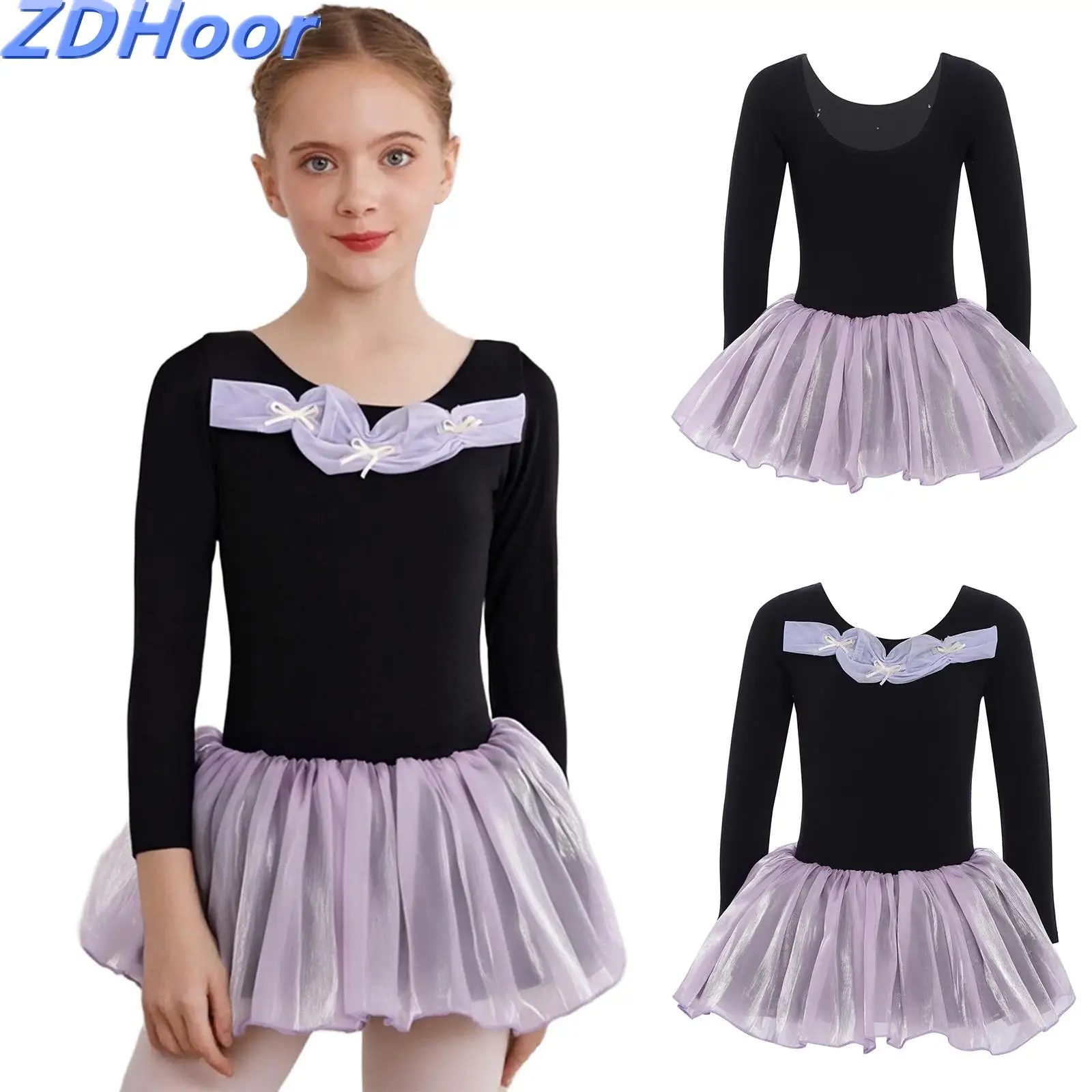 

Kids Girls Ruched Ballet Dresses Tulle Tutu Dance Dress Bowknots Long Sleeve Ballet Dress for Stage Performance Competition
