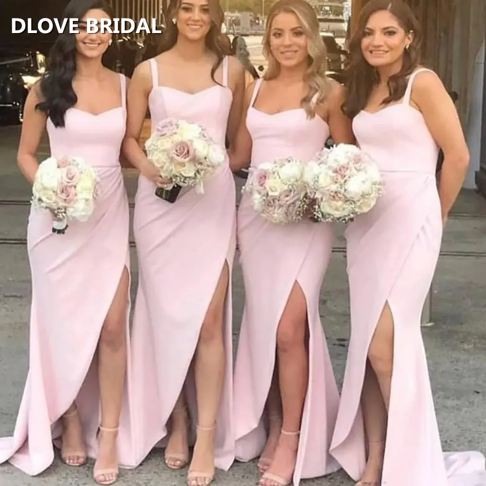 

Simple Sexy Bridesmaid Dress Spaghetti Straps Pink Maid of Honer Dresses Side Split Wedding Party Gown