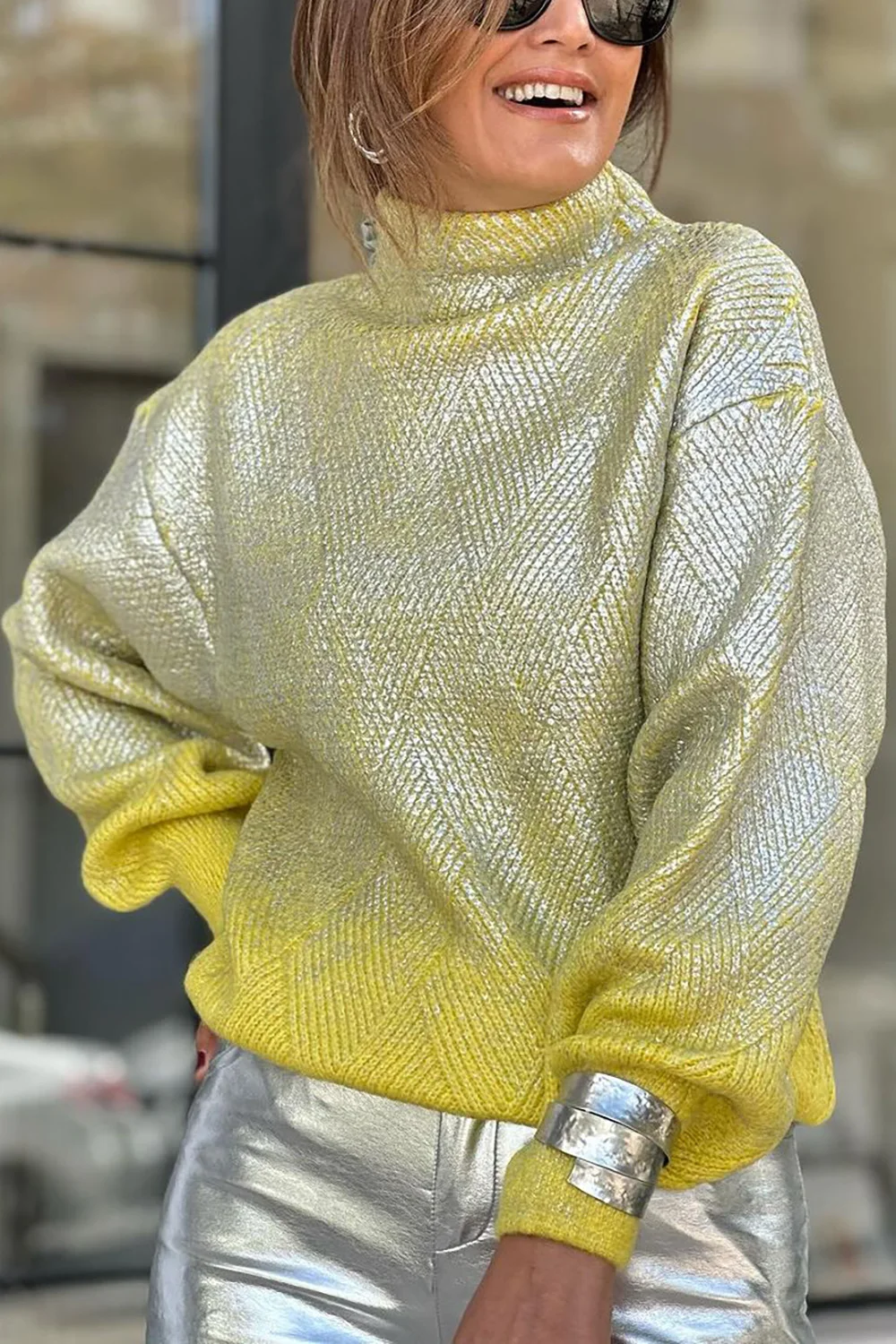 

Plus Size Semi Formal Sweaters Casual Yellow Short Fall Winter High Collar Long Sleeve Knitted Sweaters