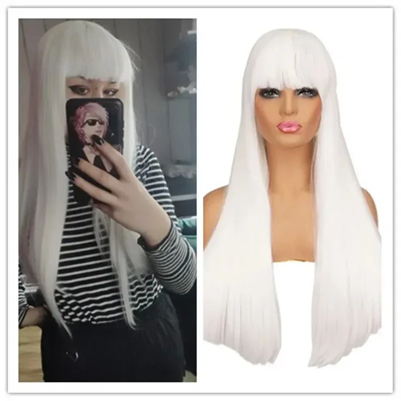 

DY2025QQXCAIW Длинный синтетический прямой парик с челкой, черный, блондин, розовый, термостойкие парики из волос для женщин, косплейDY