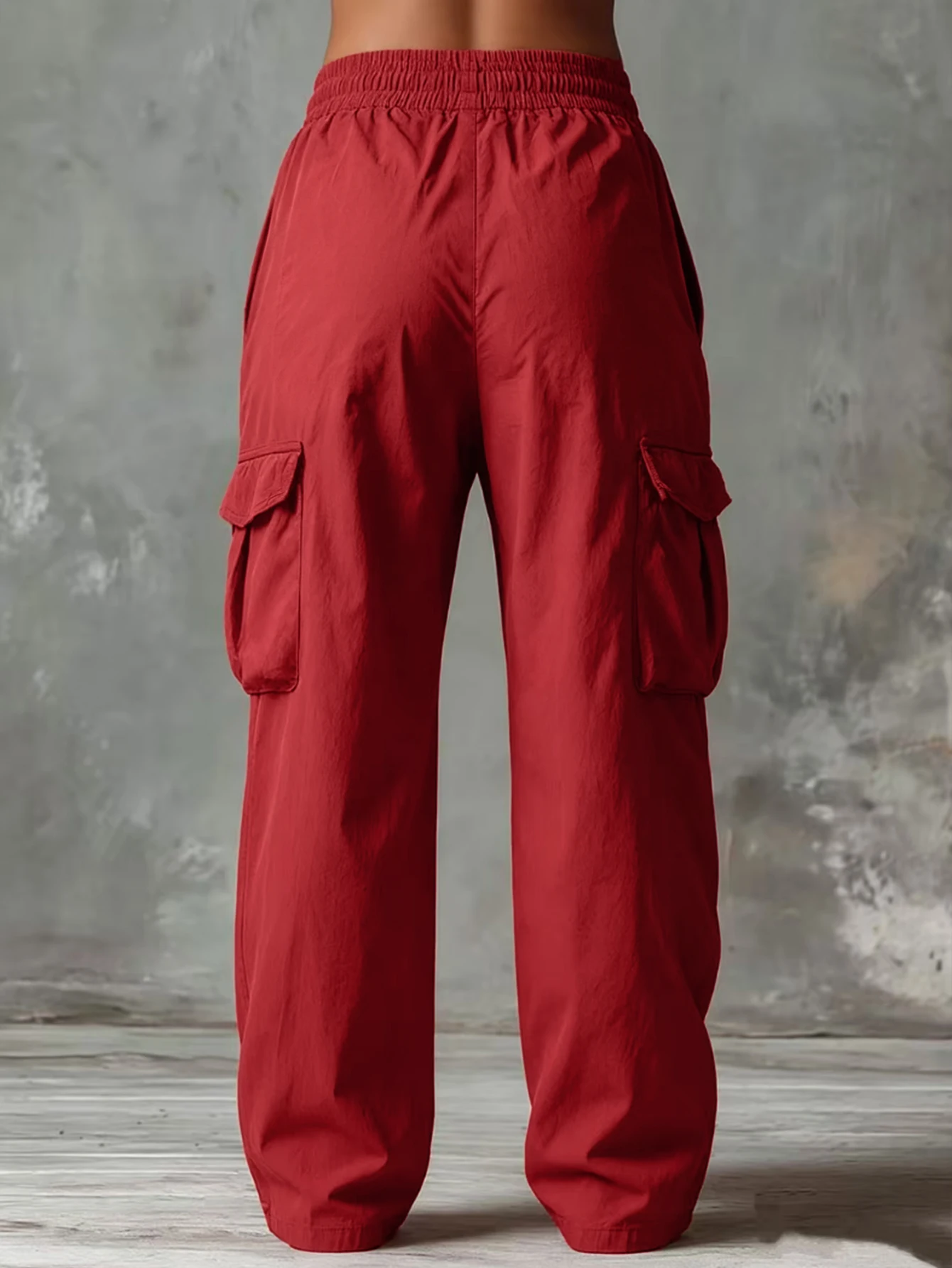 Damen Rote Cargo-Hose mit Weitem Bein, Kordelzug, Elastischer Hoher Bund, Lose Passform, Mehrere Taschen, Leichte Casual Streetwear-Hose – Detail 3