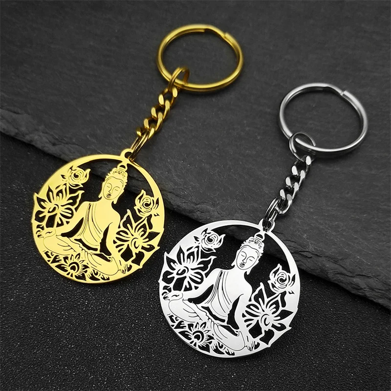 男性と女性のための蓮の花の仏教キーホルダー,ステンレス鋼,金色,中空のスピリチュアルキーホルダー,ヨガジュエリー,ギフト
