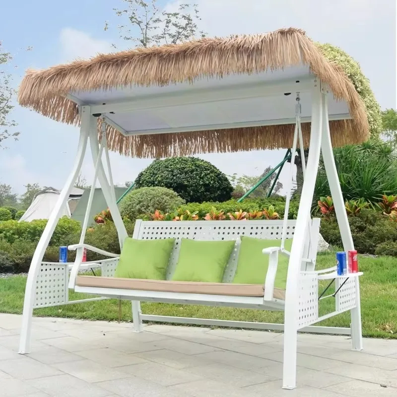 2025 جديد كرسي أرجوحة للترفيه في الهواء الطلق إطار معدني من الألومنيوم مقعد 3 أشخاص أرجوحة فناء الشرفة مع مظلة من القش مخصصة #4