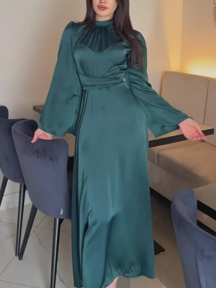 Eid Muslim Party Dress for Women Ramadan Abaya Long Dress Belt Bandage Satin Morocco Vestidos Largos Dubai Robe Jalabiya 2024