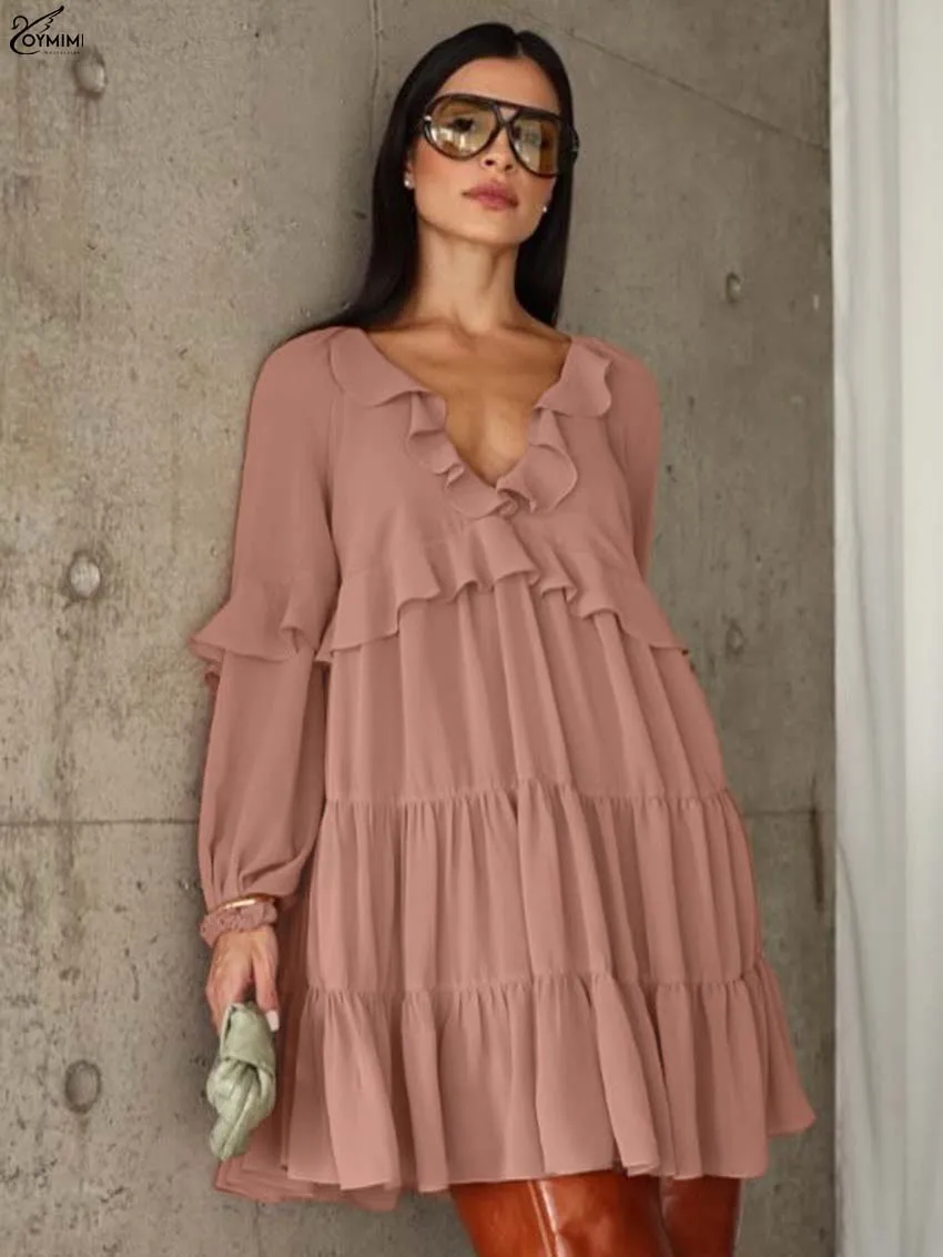 

Oymimi Casual Orange Loose Dresses 2025 Woman Fashion V-Neck Ruffled Long Sleeve Dresses Elegant Open Back Pleated Mini Dress