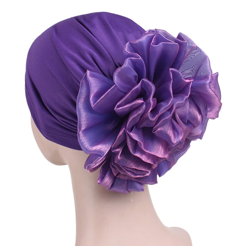 Women\'s Big Flower Turban Muslim India Hat Cap Thin Head Scarf Fashion Headwear Hair Accessories Muslim Hijab Turban Cancer Hat