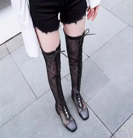 Drop Shipping Black Air Mesh Cross Tied Square Toe Zipper Back 45 mm Heels Over The Knee Boots Women Leisure Long Boots Shoes