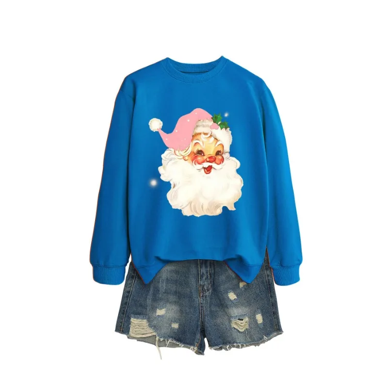 Kerstman Roze Hoed Mode Leuke Print Losse Trui Ronde Hals Sweatshirt Dames