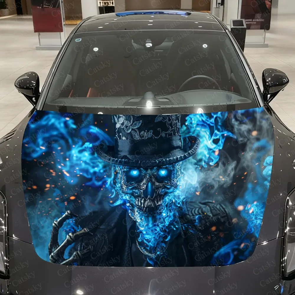 

Azure Ornamented Skull Gentleman Car Vinyl Wrap, PVC Material Waterproof Car Hood Sticker, Self-Adhesive Scratch-Resistant Stick