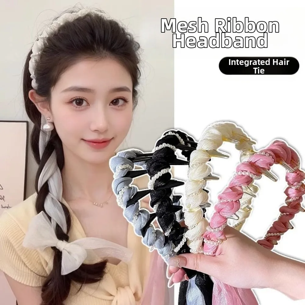 U شكل الساتان النسيج العصابات الشعر الأسنان مشط قابل للتعديل عدم الانزلاق اللؤلؤ رباط شعر عالية أعلى خوذة القوس مضفر عصابات الرأس #5