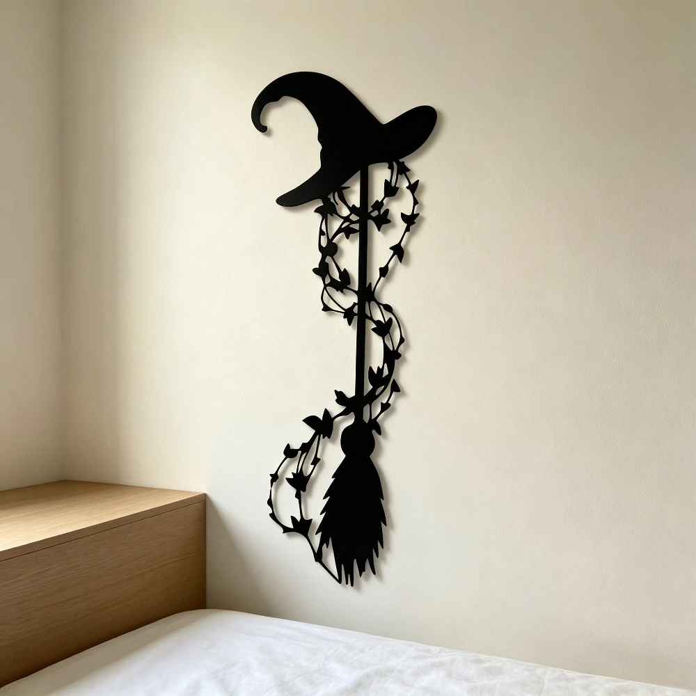 CIFBUY Iron Wall Art Witch Hat Broom Metal Sculpture Hanging Plaque Rustproof Home Gothic Decor Ornament Accent
