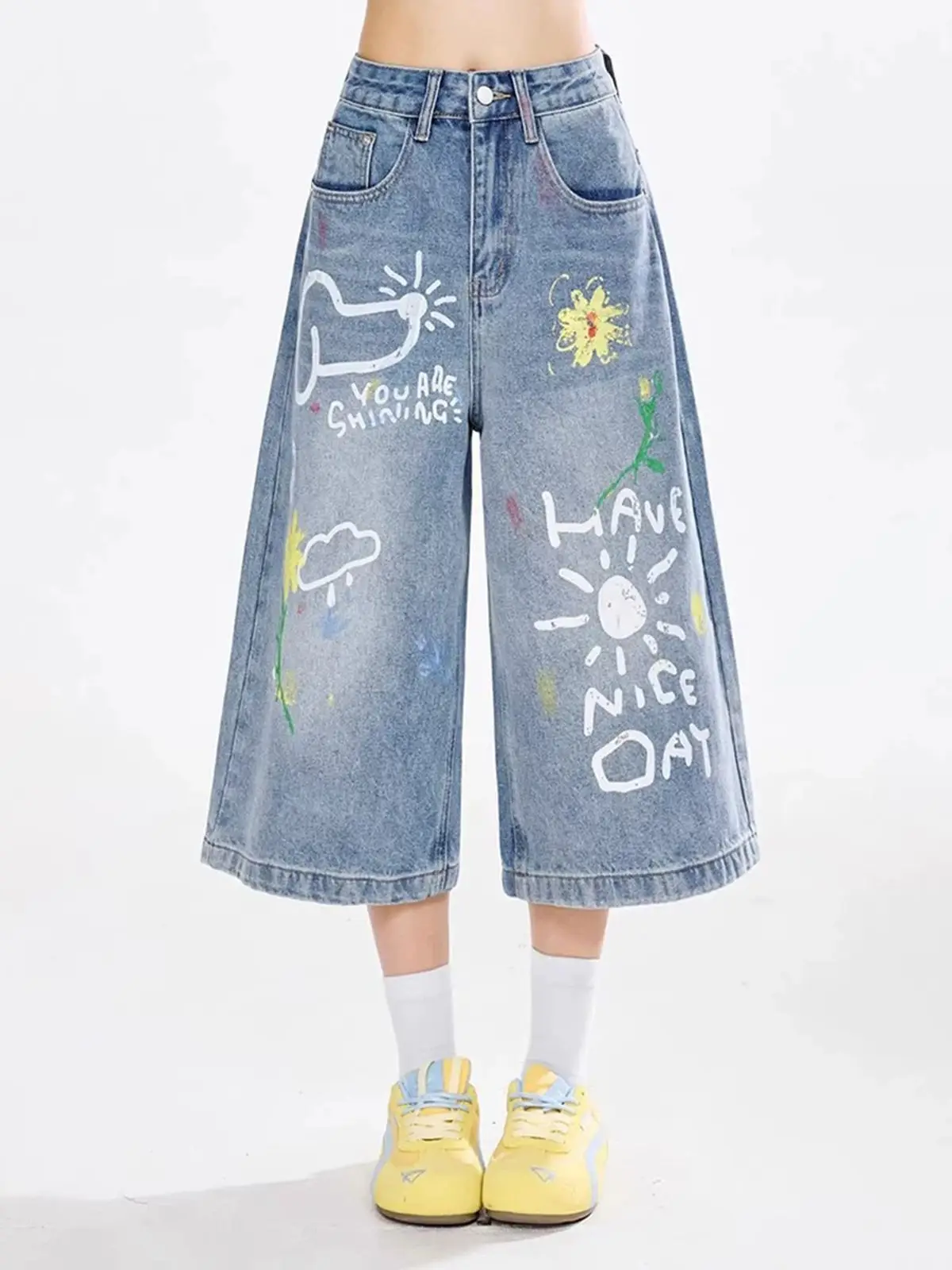 

Y2K Cartoon Graffiti Print Denim Cropped Pants High Waist Loose Straight Leg 7 Inch Summer for Women