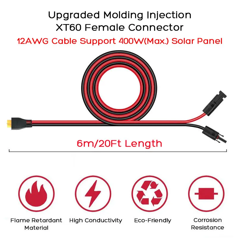 6m/20Ft 12AWG Solar to XT60 Female Cable for Anker SOLIX C300 ALLPOWERS R600 EcoFlow River Delta Bluetti Portable Power Station.