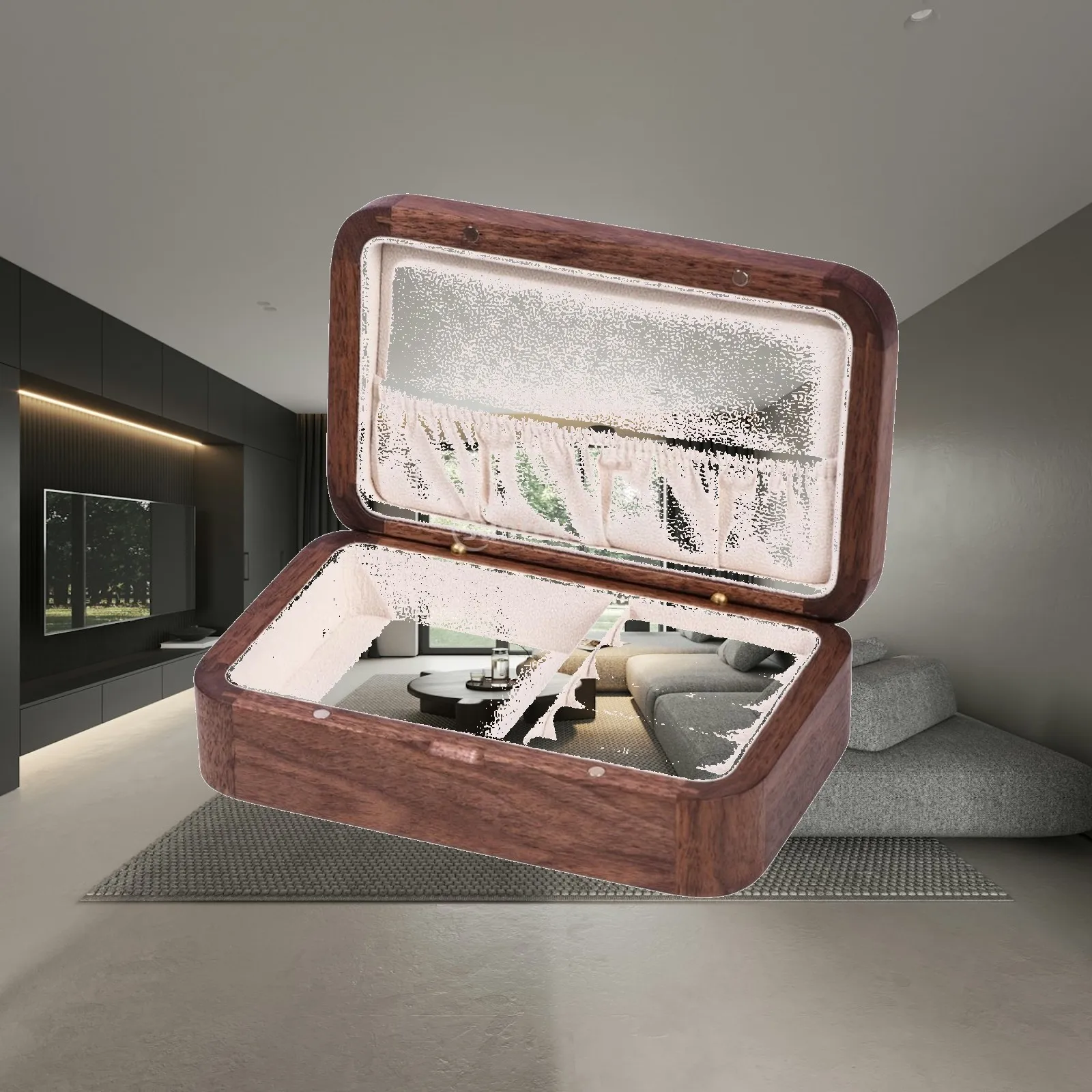 Walnut-Finish Jewelry Box Sturdy Wooden Jewelry Box Slim Versatile for Bedroom Dresser, Vanity