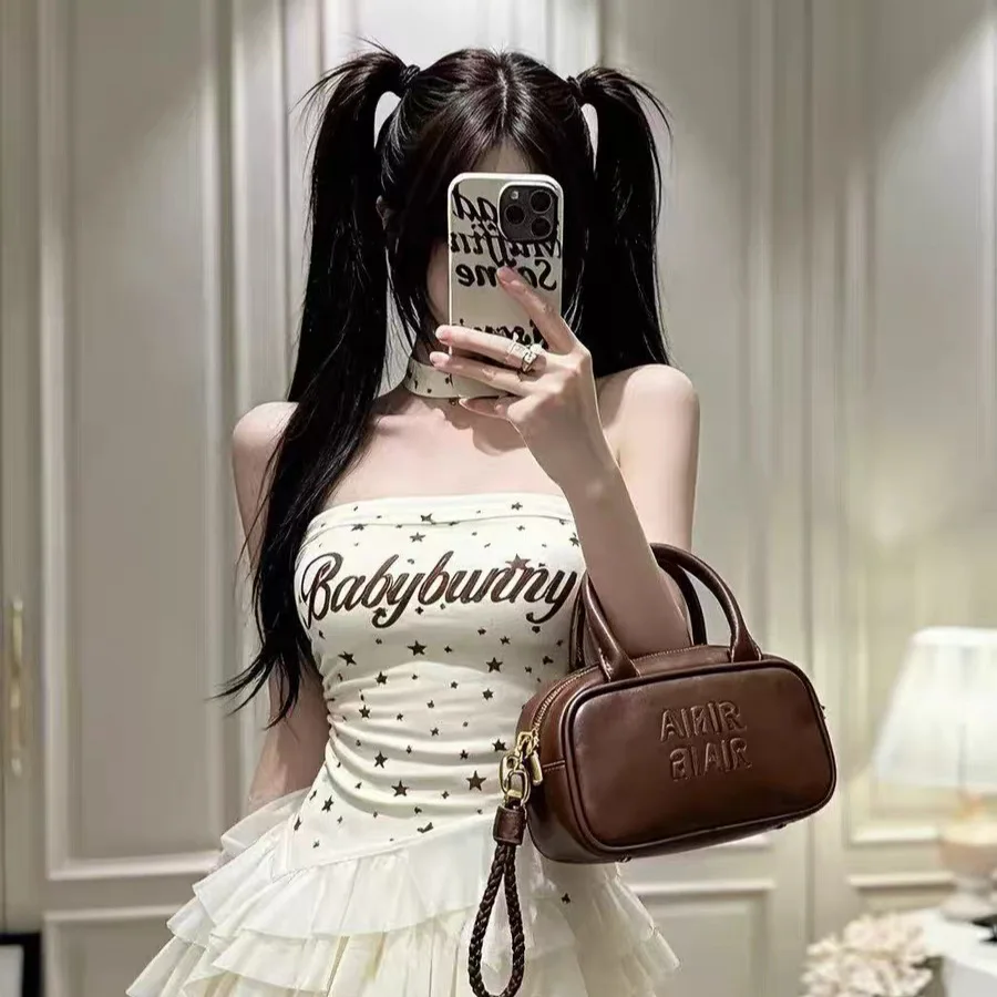 Summer New Style Women's Letter Print Splice Sling Vest Fixed Strap Chest Pad Pure Desire Knitted Thin Model Chinese Made