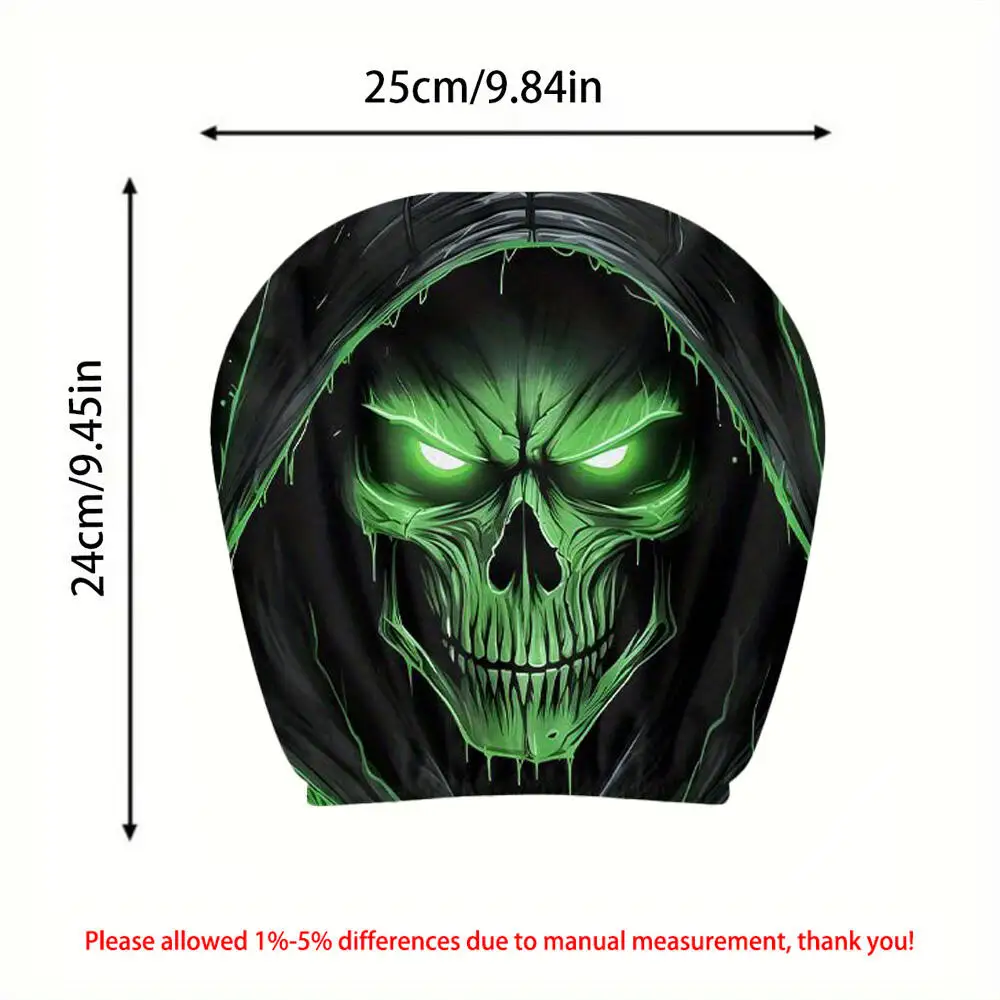 2er-Set grün leuchtende Totenkopf-Kapuzen-Nackenstützenbezüge, 2D flache Gothic-Skelett-Design, schwarz, universeller Auto-Nackenstützenschutz – Detail 8