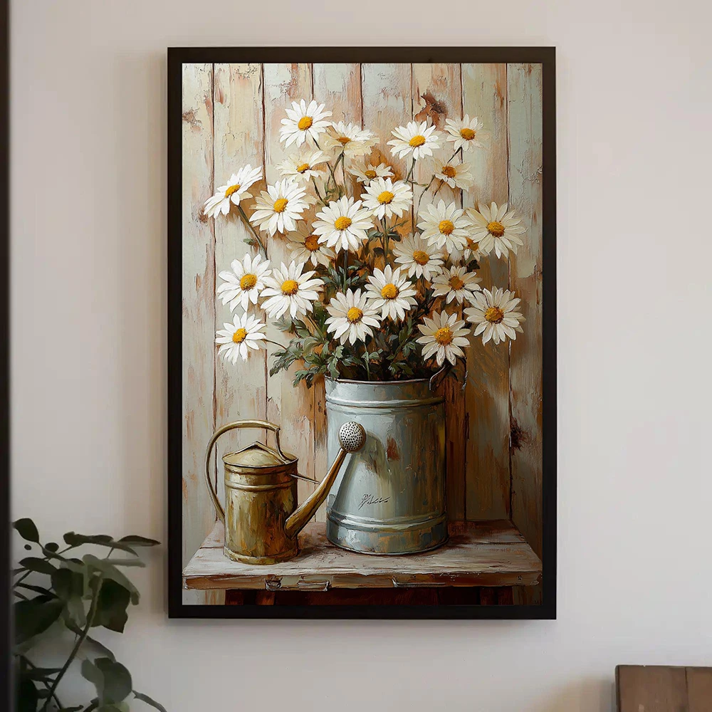 Daisy Farmhouse Wall Art, Rustic Watering Can Canvas Print, Country White Floral Living Room Decor, No Frame