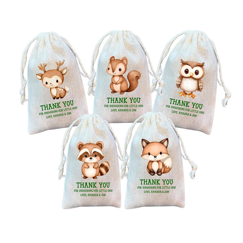 

Custom 5Pcs Baby Woodland Animal Party Favor Bags Forest Friends Gift Drawstring Goodie Bags Birthday Party Decor Baby Shower