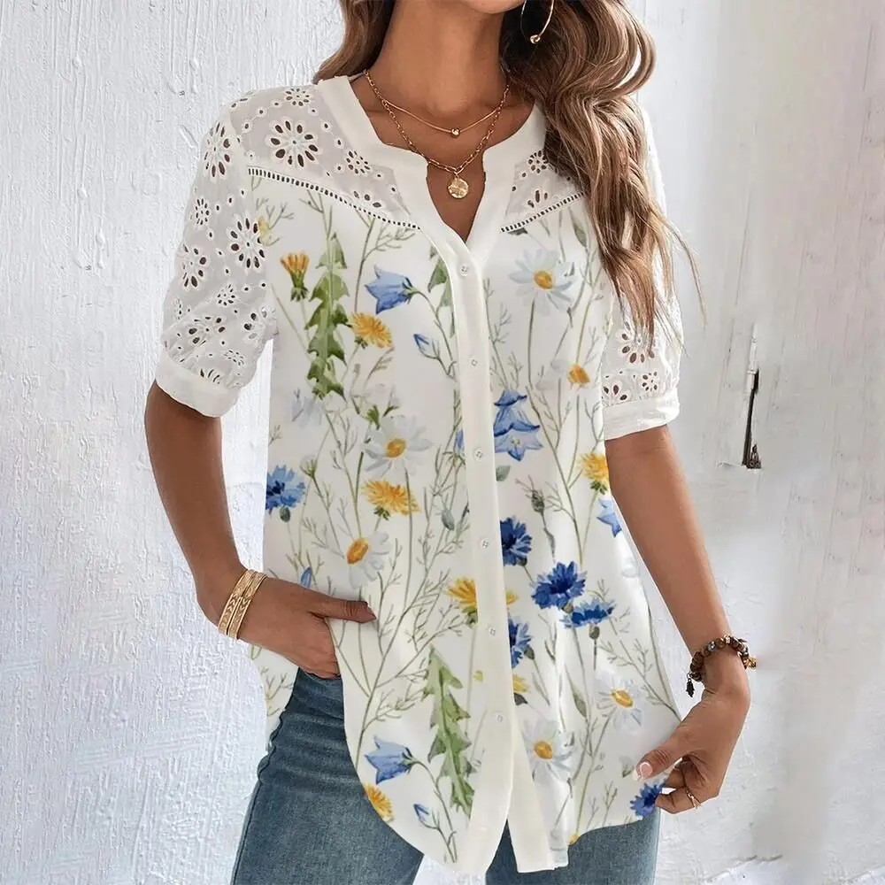 Summer Temperament Lace Loose Woman Shirt Elegant Casual  Shirt Woman Short Sleeve Blouse Weekend Top