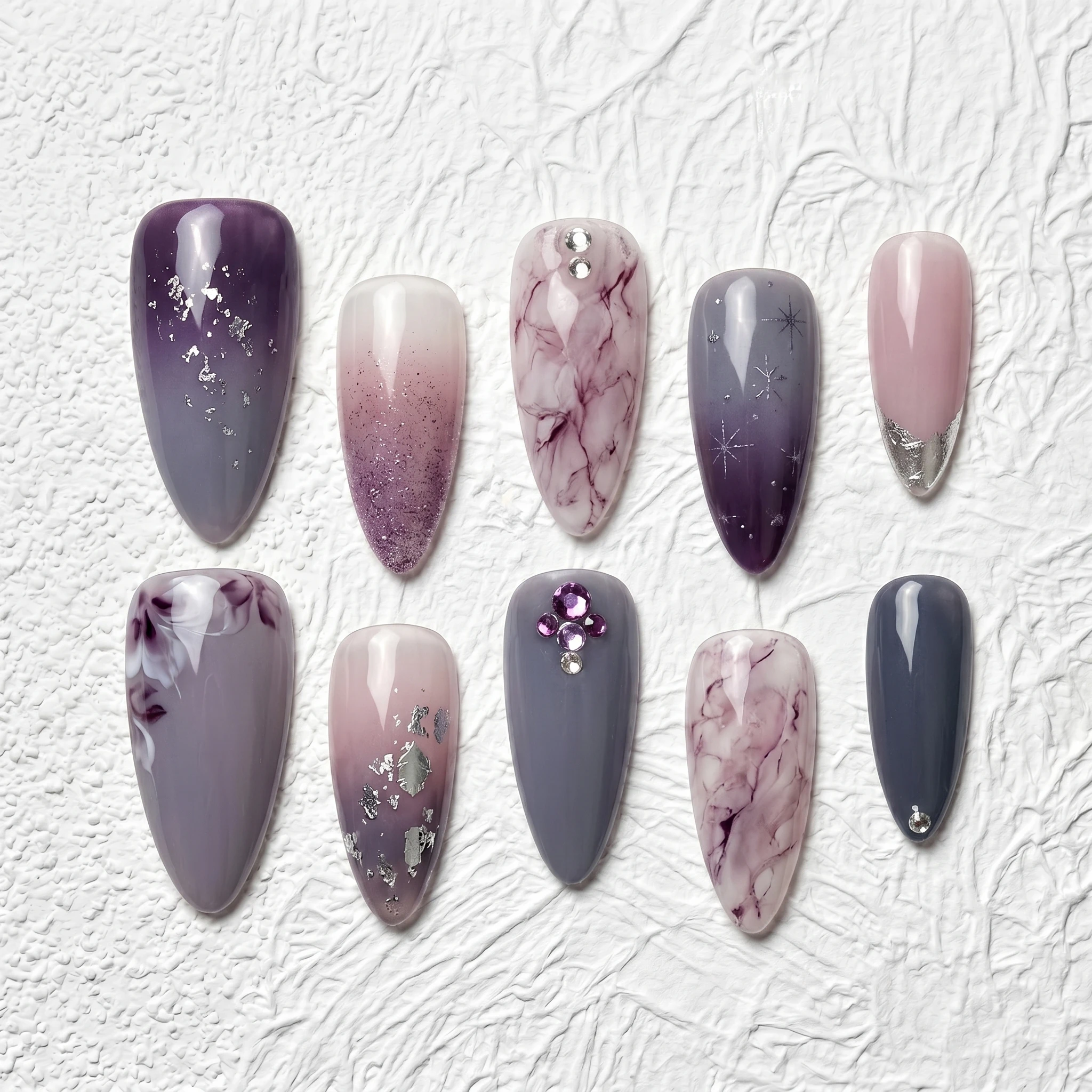 Artisan Handcrafted 10PCS Elegant Stiletto Press-On Nails | Marble, Silver Leaf, Rhinestones, Holiday Glam Salon Finish