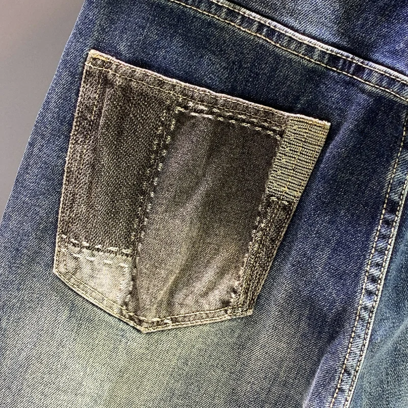 Spring and Autumn Retro Trendy Brand Splicing Patch Motorcycle Jeans Men's Slim fit Small Straight Tube Show off Thin Pants