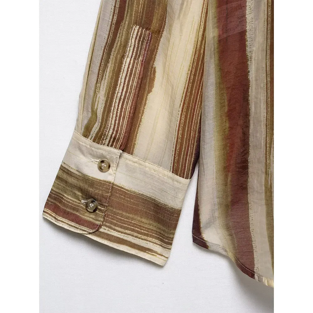 New Women Camisas Fashion With Pockets Striped Blouse Casual Lapel Neck Long Sleeves Elegance Female Chic Lady Shirts