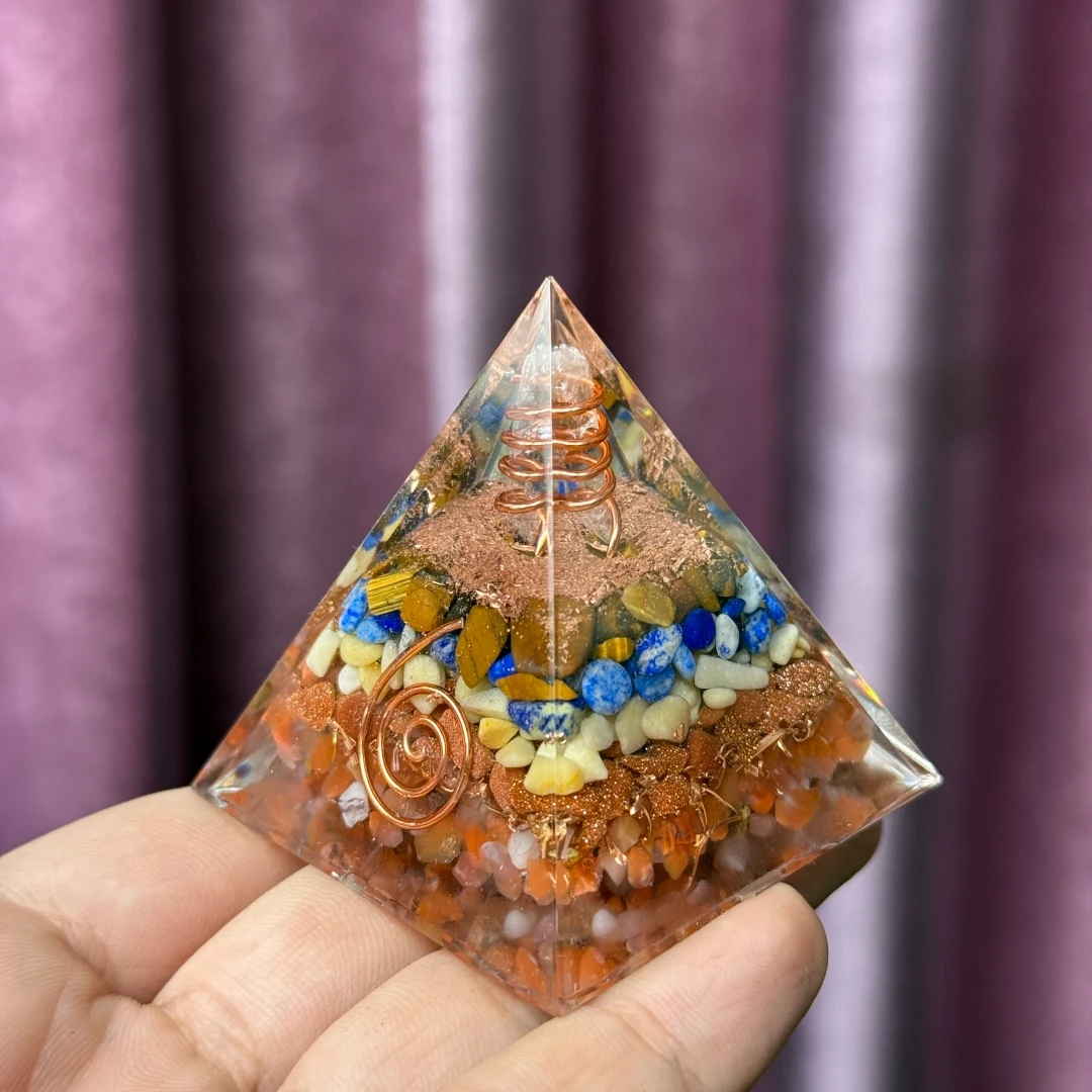 1pc Orgonite Pyramide, Made of resin, metal shavings, quartz crystals, and various minerals, Home Desktop Handmade Ornaments