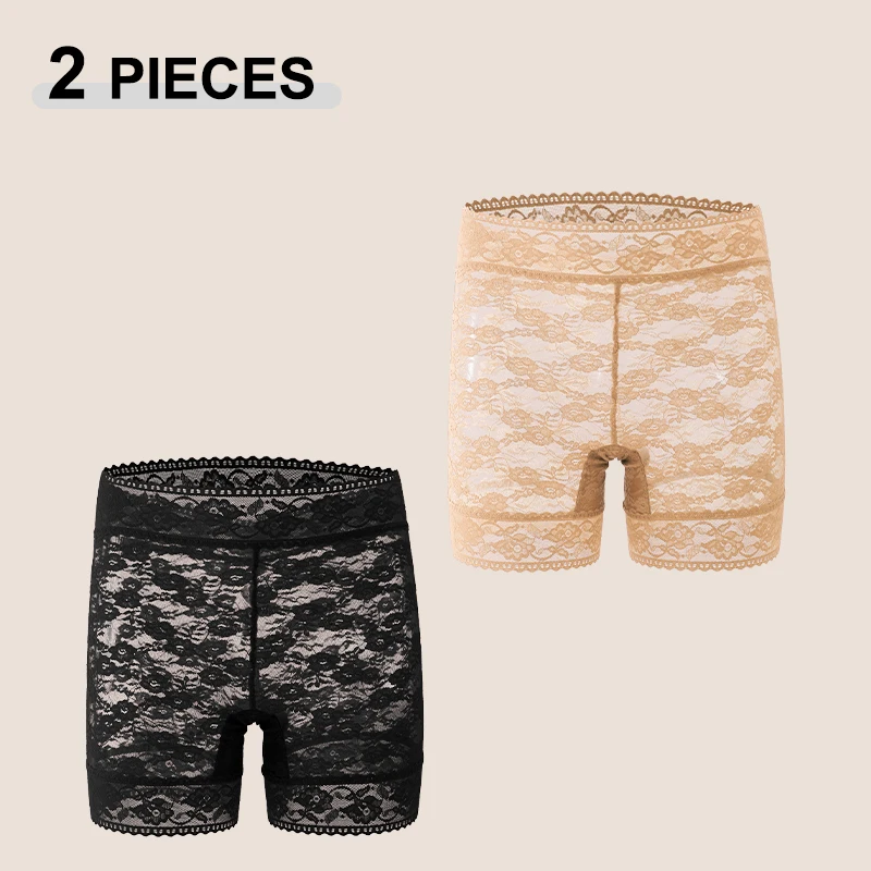 2 Stück/Set einfarbige Spitzen-Boyshorts für Frauen, sexy, floral, hohe Taille, transparente Unterhose, weiche, atmungsaktive Boxershorts für Damen.