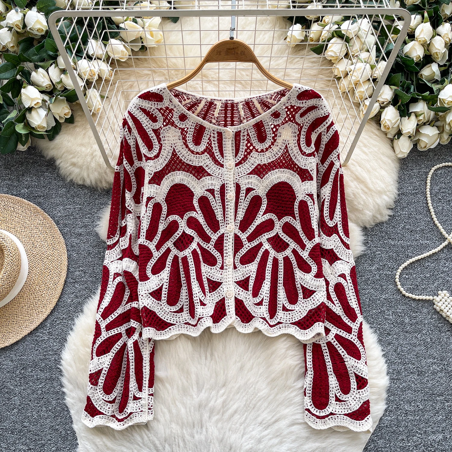 

2025 Spring/Autumn Beach Vacation Round Neck Long-Sleeve Knit Top For Women Bohemian Hollow Cardigan Jacket