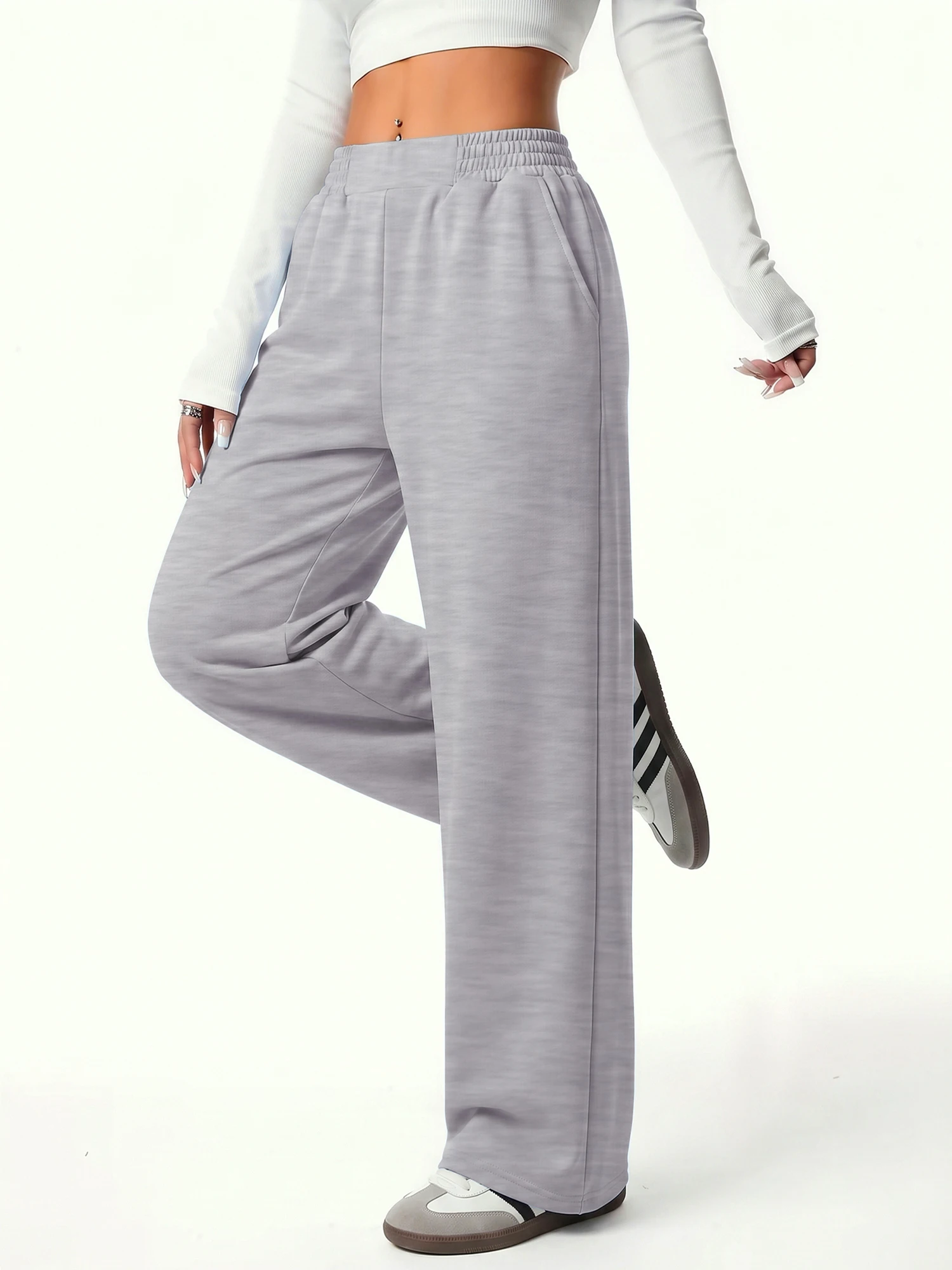 Women Breathable Wide Leg Sweatpants Elastic Waist Loose Fit Casual Trousers Multi-color Daily Bottoms