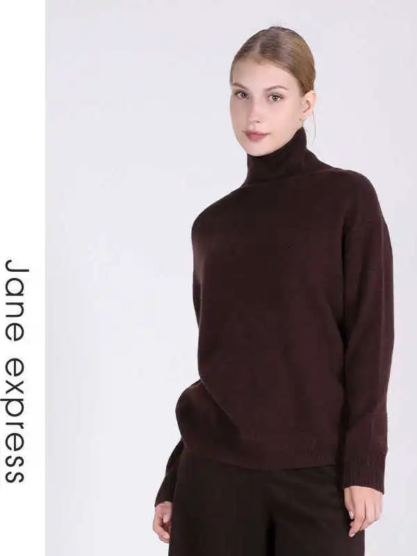 Suéter de Lana Marrón Versátil Ele Wood, Suéter de Punto para Mujer, Elegante, de Manga Larga, Cuello Alto, Largo Regular