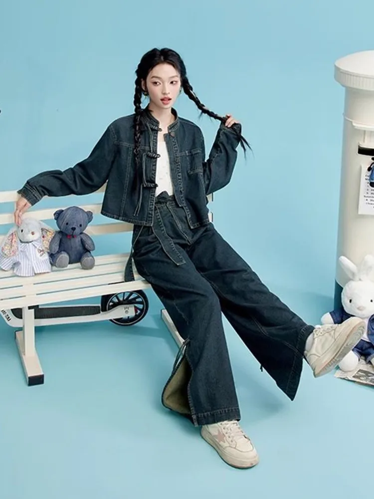 Retro Chinese Style Denim Set Women's Long Sleeve Open Cardigan Jacket Wide Leg Pants Two Piece Set Spring Autumn New Arrival
