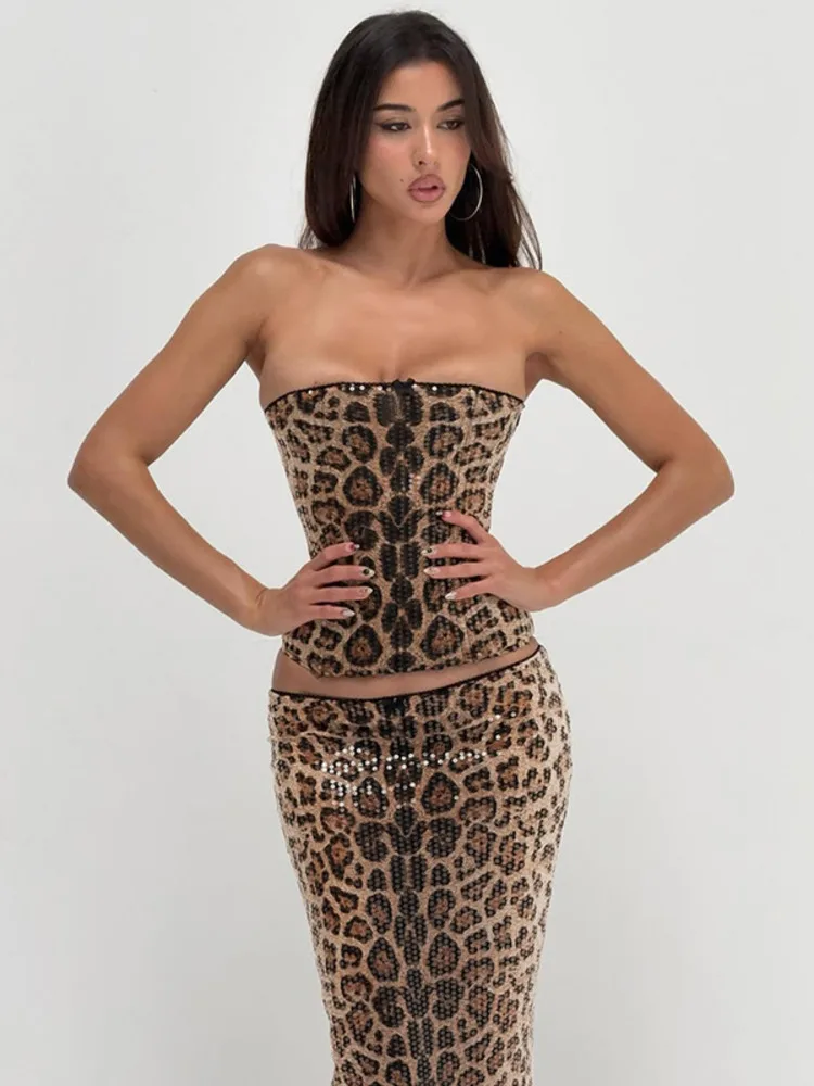 Mozision Sparkle Leopard Print Two Piece Set Wanita Atasan Tanpa Tali Elegan Dan Rok Set Serasi Set Gaun Pesta Klub Fashion