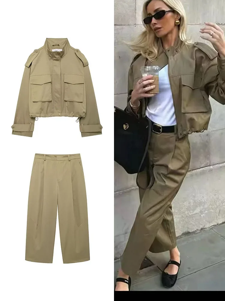 

2 Pieces Autumn Women Jacket Pant Sets 2024 Fashion Female Stand Collar Top Pockets Coat Straight Pleated Pant Outfits