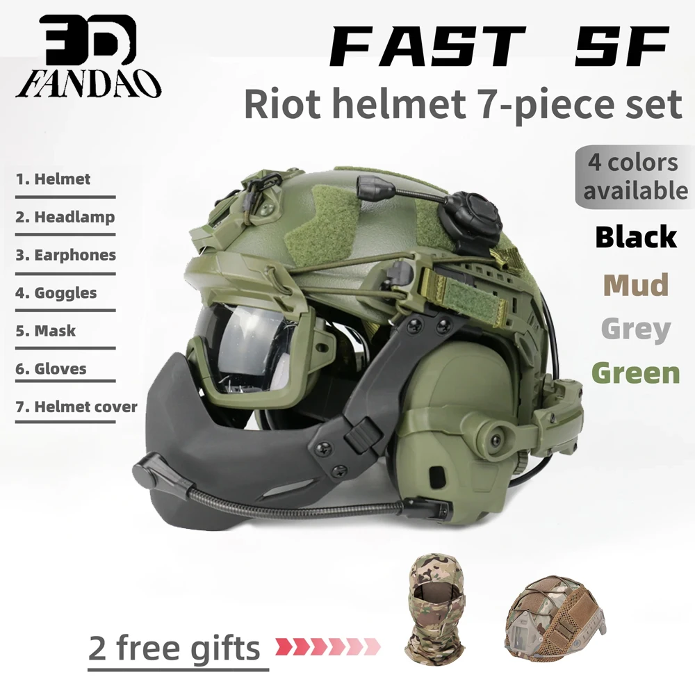 

Tactical Helmet Set Riot Helmet Noise Reduction Headset Half Face Shield Protective Mask Anti Fog Goggles Helmet Signal Light