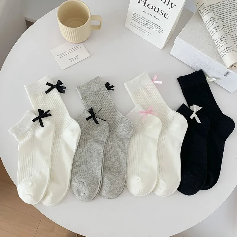 New JK Japanese Style Kawaii Socks Ballet Bow Ribbon Bowknot Bandage Cute Long Stocking Women Lolita Sweet Girls Black White Sox