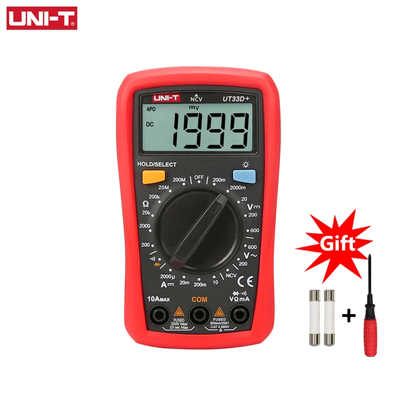 Uni-t Mini Multímetro Digital Tamanho da Palma 600v Ncv Alcance Manual ac dc Voltímetro Amperímetro Testador de Resistência Ut33d Plus