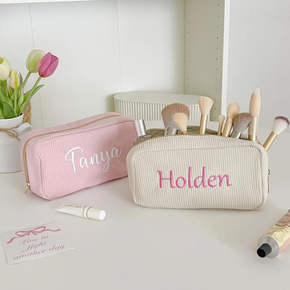 Embroidered Corduroy Makeup Bag, Personalized Name Cosmetic Bag, Monogram Toiletry  Bridesmaid Gifts Bachelorette Party Gifts