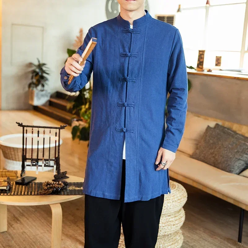 Streetwear fino tang terno casaco dos homens 2022 jaqueta de linho preto longo casaco masculino hanfu estilo chinês robe harujuku vento disjuntor