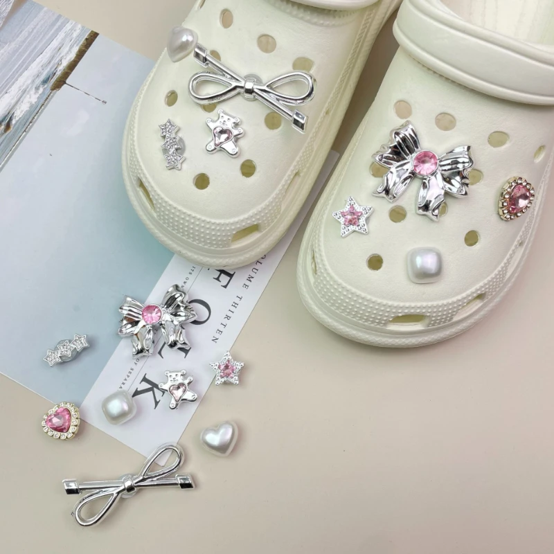 New Y2K Pink Heart & Bow Shoe Charms with Rhinestones & Accents Y2K DIY Charm Set Silvery-Colored Plastic Charms Xmas Gifts