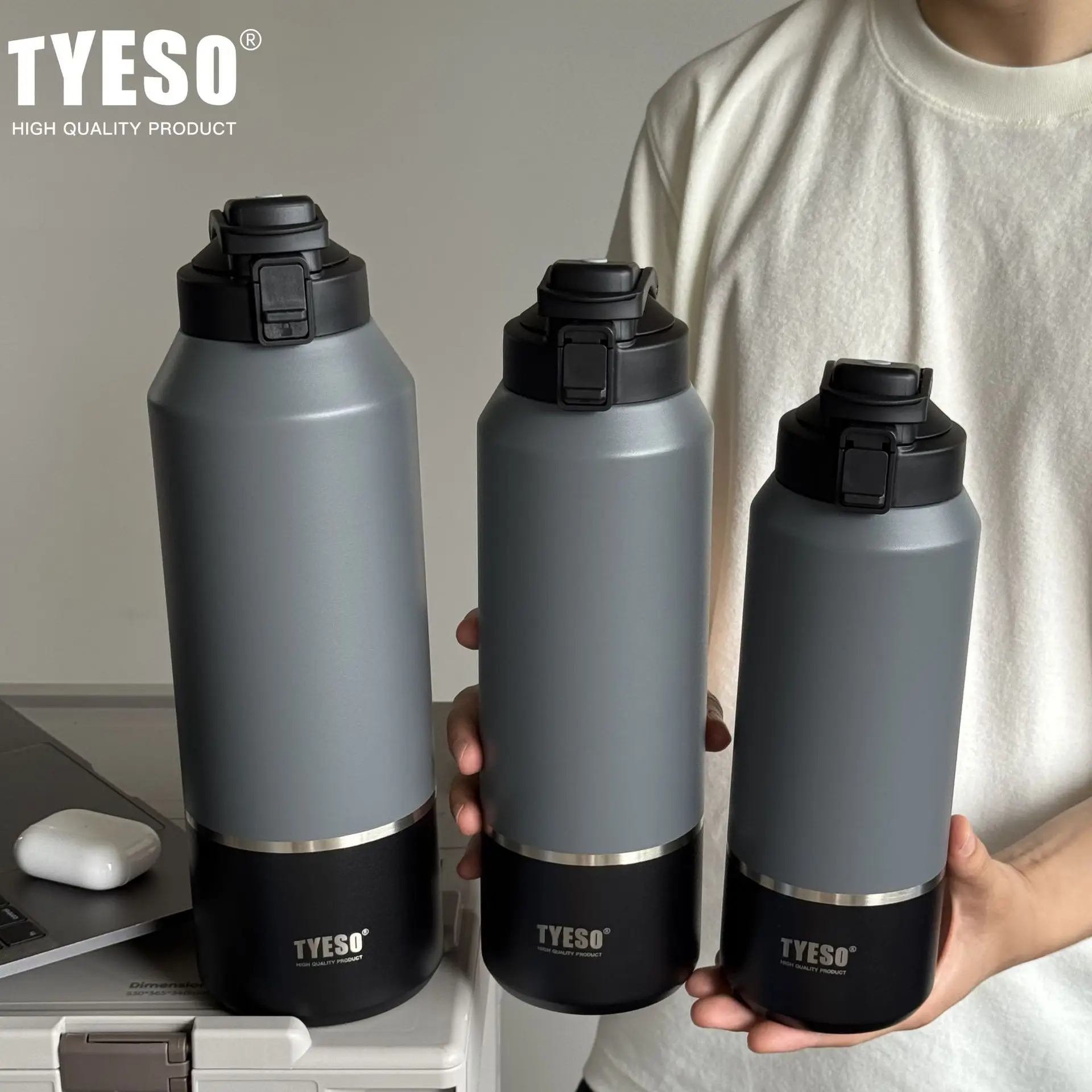 TYESO Stainless Steel Portable Sports Kettle 2000ml Large Capacity Insulated Cup Outdoor Portable Direct Drinking Cup